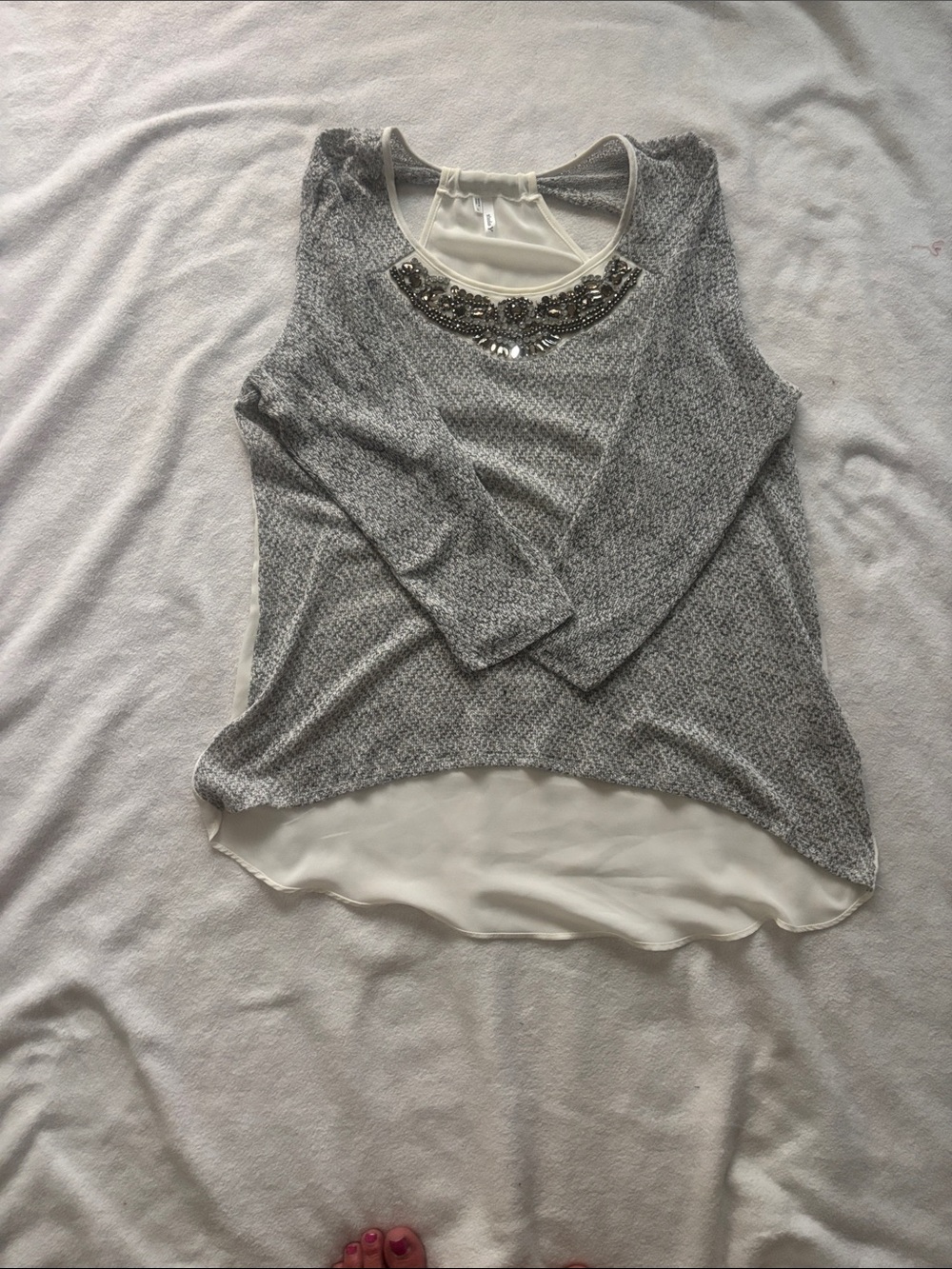 Studio Y Gray Knit Layered Top with Beaded Neckline